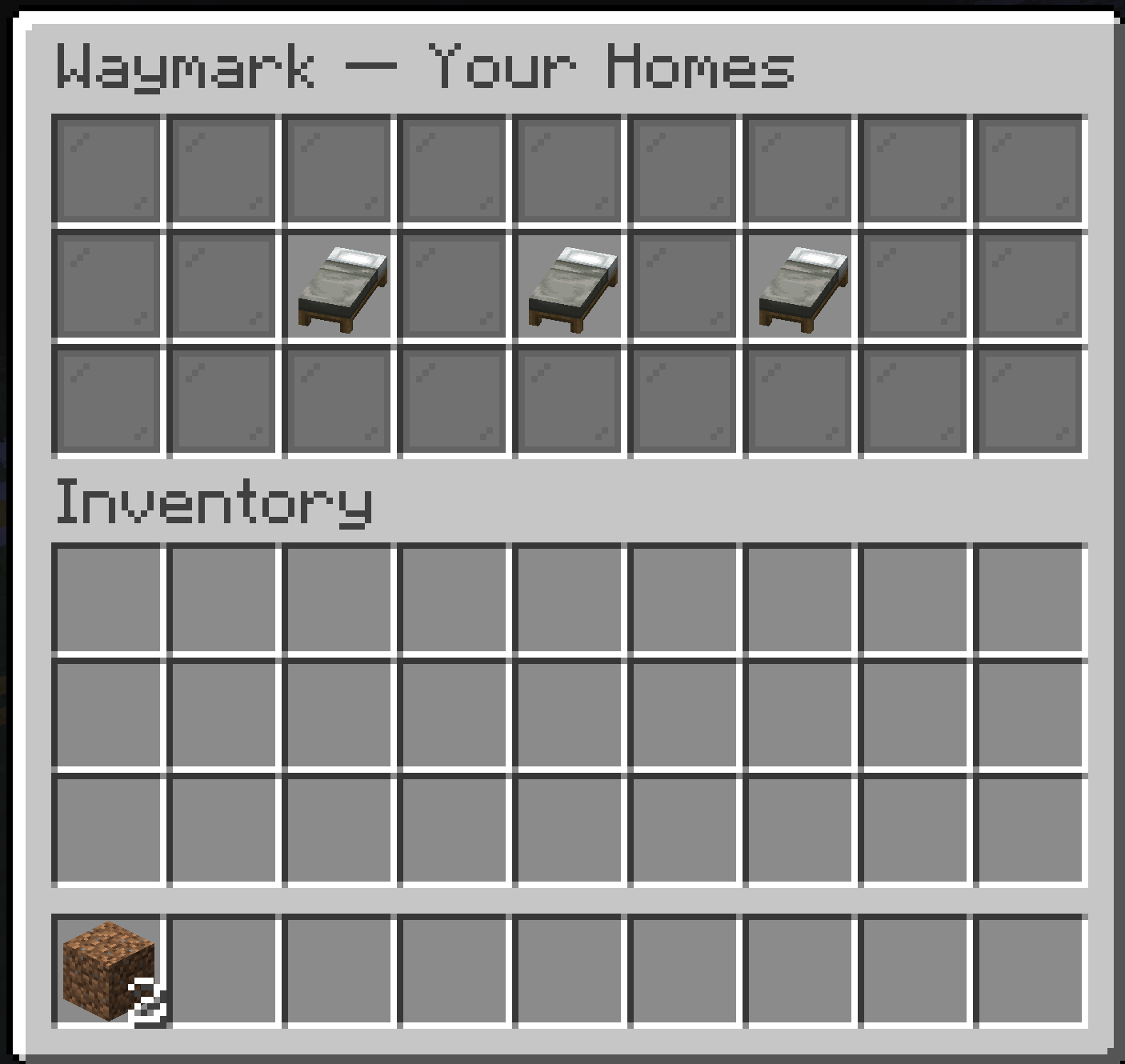 The /home menu in-game: a chest screen titled Waymark — Your Homes with three bed buttons