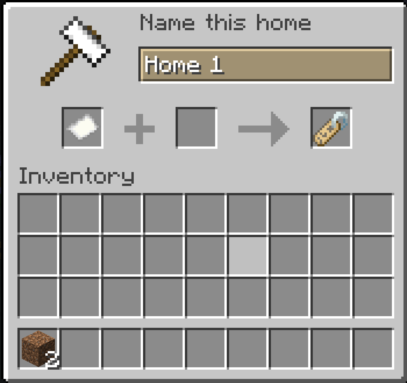 The anvil naming screen in-game titled Name this home with a text field reading Home 1