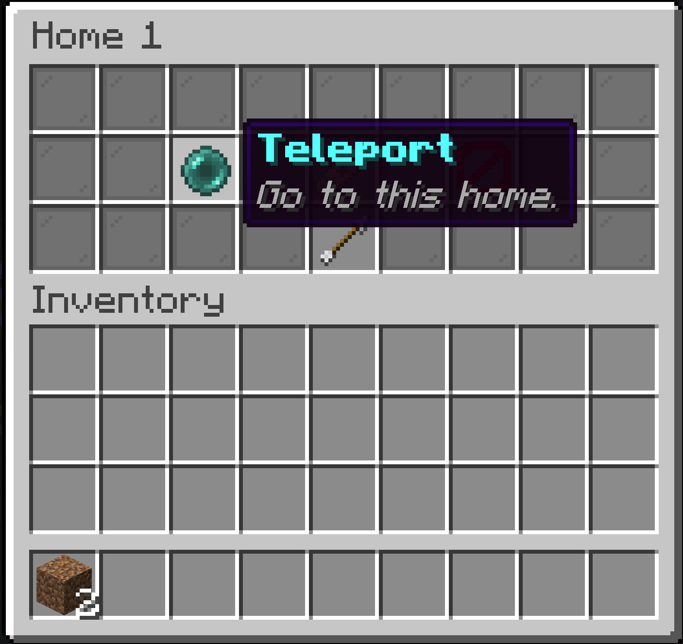 A home's options menu in-game with a Teleport ender pearl button, rename, delete, and back buttons